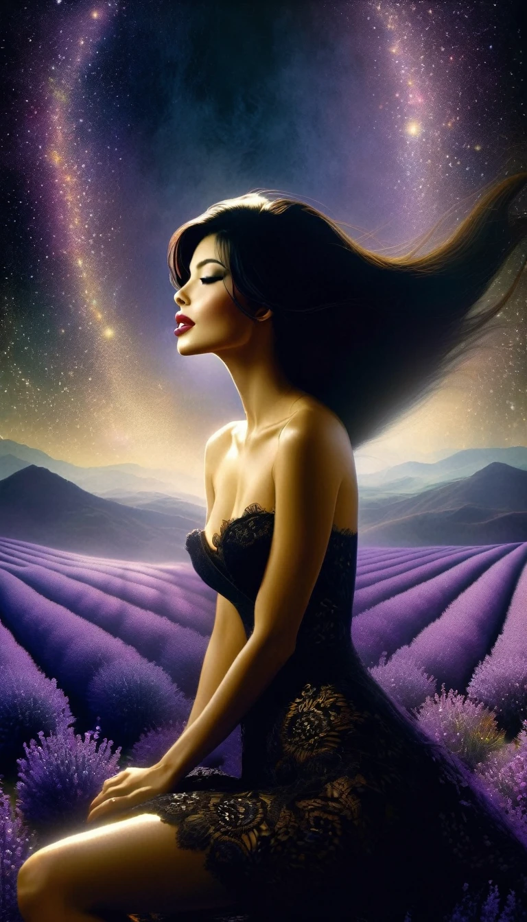 1 sexy girl, long black hair, lavender, short black dress, cleavage, medium breasts, lace dress, smile, flower garden, full body, sitting, mountains in the distance, light particles, (depth of field, cinematic angle, cinematic lighting: 1.2), blurred background, blurred foreground, (masterpiece: 1.2), (best quality: 1.2), (very aesthetic: 1.2), (absurd: 1.2), (detailed background), newest, intricate details, (best quality, 4k, 8k, high resolution, masterpiece: 1.2), ultra detailed, (realistic, photorealistic, photorealistic: 1.37), intricate details, vivid colors, sharp focus, professional, Dave McKean's artwork, surreal oil touch, oil painting style, portrait, woman, beautiful detailed eyes, beautiful detailed lips, dreamy atmosphere, shadow play, soft lighting, funny pose, tones Dark, ethereal background, fantasy elements, texture, layered composition. Art inspired by Bill Sienkiewicz and Dave McKean