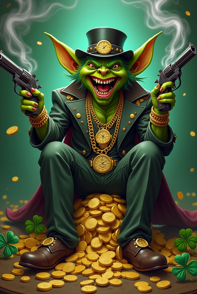 Green mafia goblin in hat with watches and gold chains , laughing and with 3 guns in hand sitting on gold and clovers and heads smoking tobacco