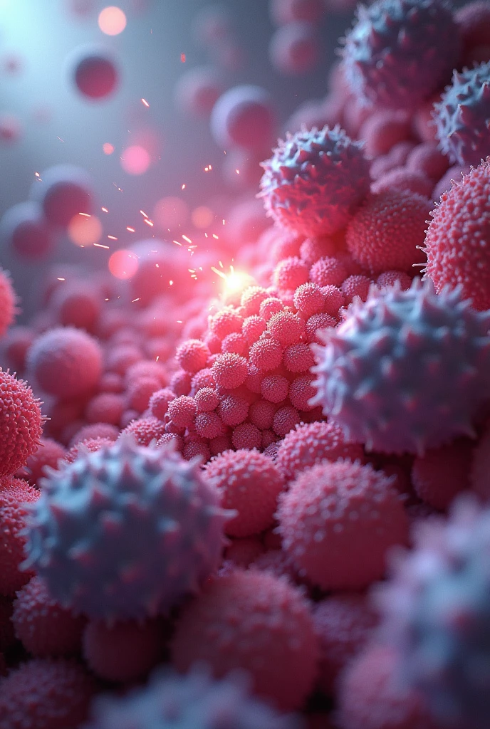 White Blood Cells in Action: Depict a close-up view of white blood cells attacking and destroying bacteria with the help of oxygen. Show the white blood cells emitting beams or bursts of oxygen as they engage with the bacteria.