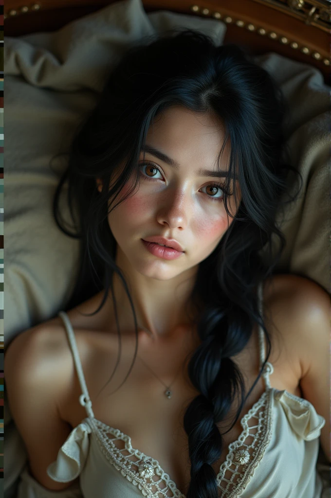 (Real:1.2), Analogue photography style, Beautiful elven woman, Pause, She has freckles、Long black hair braided, (Steampunk Dark Fantasy Atmosphere), Soft natural light, Cute and sexy, Great quality, Lying in a steampunk bed、Gazing at you, Steampunk Room, masterpiece, Detailed strange background, Better performance, 16K quality, High resolution, RAW Photos