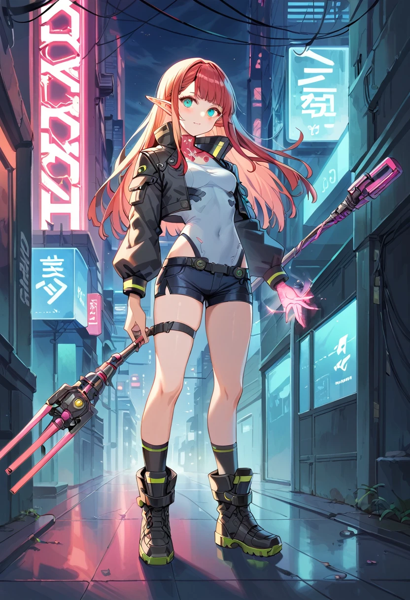 score_9, score_8_up, score_7_up, Cute Girl, elf, cowboy shot Wizard, pointed ears, masterpiece,(bestquality),highlydetailed,ultra-detailed, 1 girl,(black and red tones),(mechanical),(cool),(biodesign),( biomechanics),long hair,(wires and tubes),(futuristic outfit),(leather jacket),(combat boots),(in a cyberpunk city with neon lights),(holding a magic staff)
