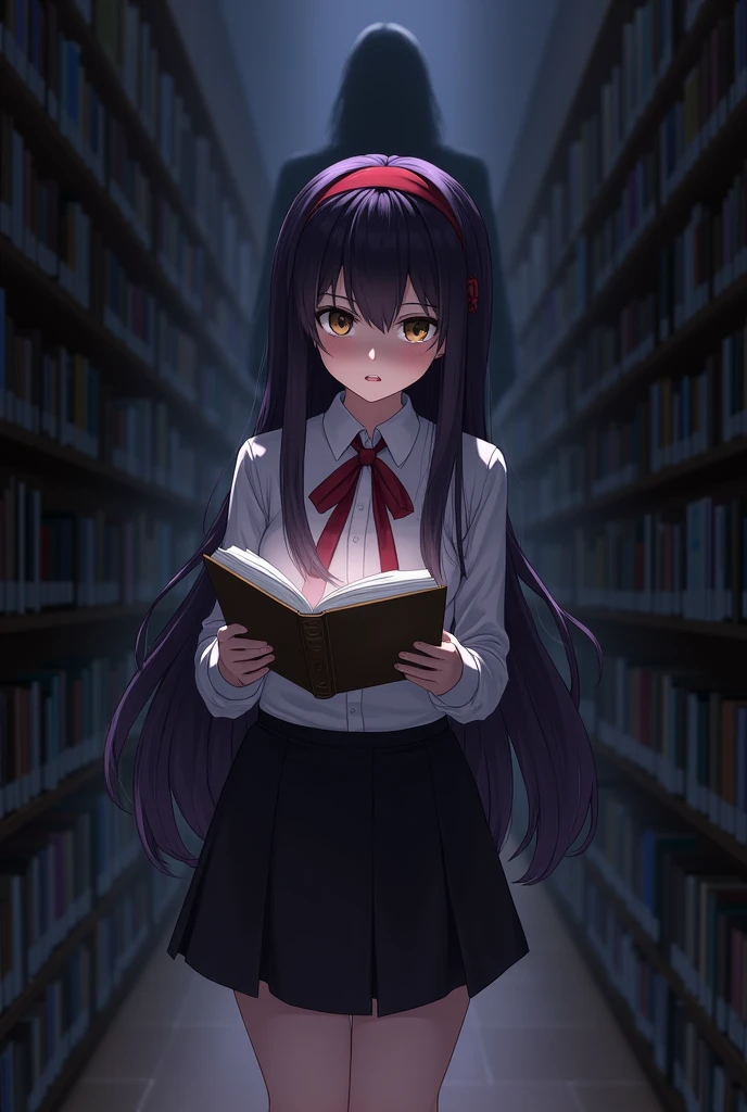 A female student with long, dark purple hair that reaches the middle of her back. She wears a red headband and has brown eyes. Her outfit consists of a white shirt and a black-colored skirt that reaches her knees. She is passionate about reading and determined, holding a book in her hands. Behind her, something is watching her from the shadows. Scary libary