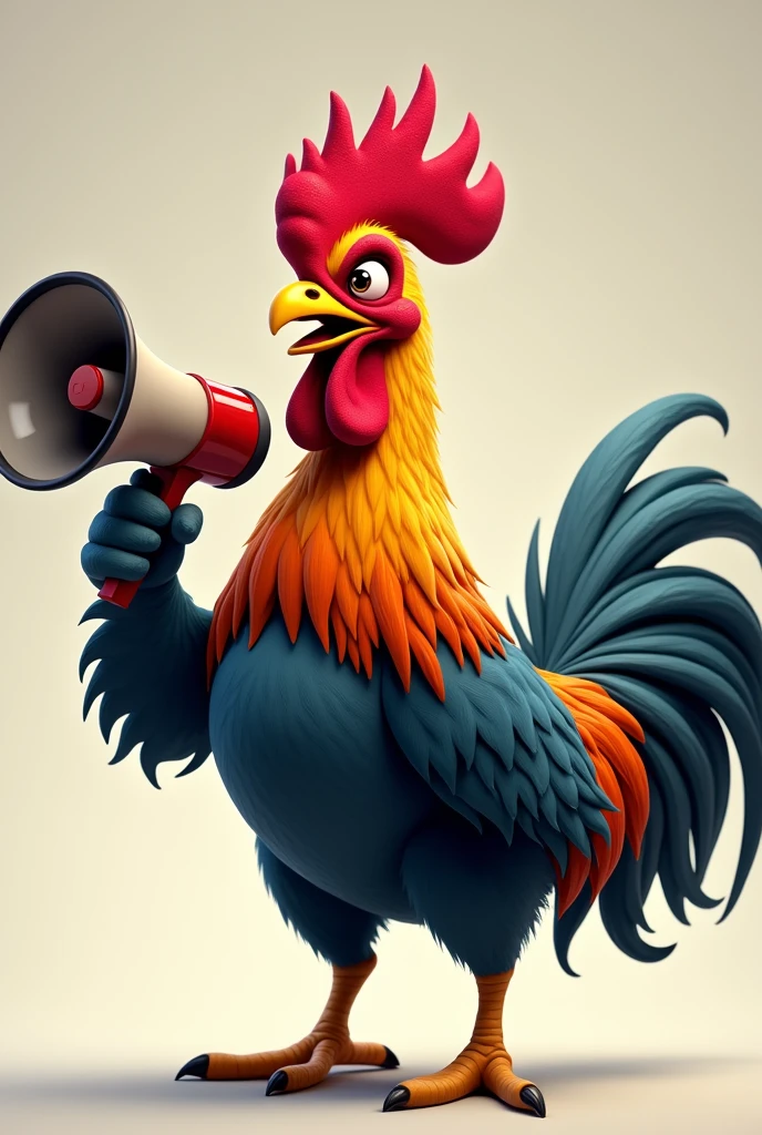 A realistic cartoon fighting cock holding a megaphone, shouting and making announcements, so cool.