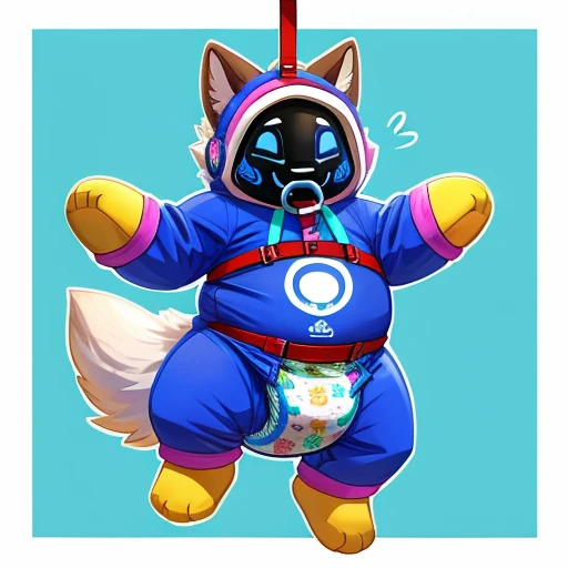 Adult Male anthro protogen detailed baby blue eyes, long tail, cubby, simple background, cute smile, fluffy tail, fullbody view, solo, digital art, different views, ultra super extremely thick diaper, diaper with 4 tapes, cute smile, fat diaper bulge under the onesie, very big diaper, super obeas fat padded footed onesie Pampersuit with extra thick padding to make it look like it has lots of baby fat, in ceiling hanged baby bouncer, pacifier in mouth, and visible baby bouncer harness on the padded onesie, blushing, cutely happy and very sleepy face, wearing an oversized pacifier in the mouth, wearing thick padded useless paws mittens and booties, unable to move and helpless bounce in the bouncer in a cute way. The padding on the onesie is soo thick, it doesn't allow movement and makes the wearer look super fat while the diaper bulges out and is very noticeable. Have the harness on the onesie be connected to the ceiling hanged baby bouncer and the wearer dangling helplessly but cutely