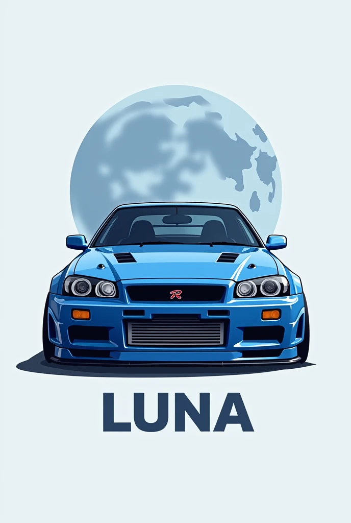 High resolution, Logo for Jdm cars, logo spelling “Luna” cool, Jdm theme, anime theme, Bayside blue Nissan Skyline R34, modern name spelling, moon, simplicity design,