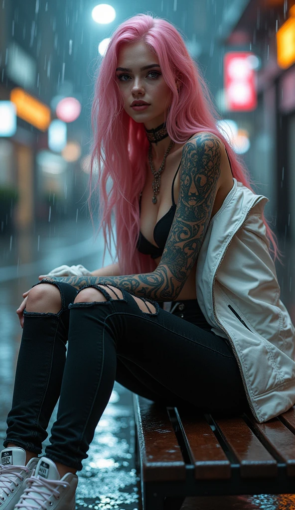 Detailed Images / Beautiful white gothic woman, smile, Moist and moisturized skin, Long pink hair, He has black tattoos all over his body, Big Breasts, Wearing a white jacket, He was wearing ripped black jeans., He is wearing white high-top Nike sneakers with LED lights., Sitting on a rain-soaked bench in the square, Close-up image, Ultra-realistic, Ultra-realisticな高品質画像, 4K, 8k Lots of details, Realistic lighting and skin tones, Detailed dark background