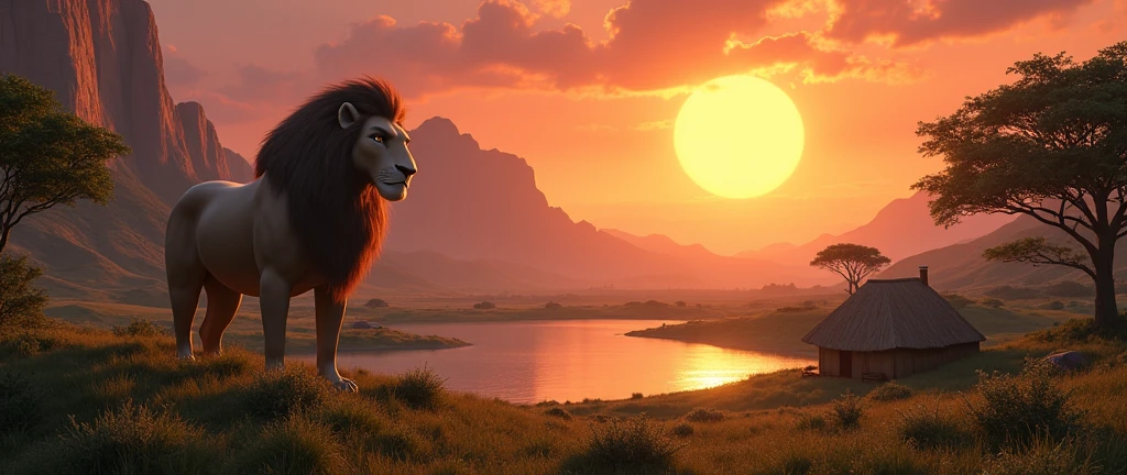A stunning landscape of the African wilderness, a beautiful sunrise over a tranquil lake, a very small African hut on one side of the scene, dramatic cinematic lighting, majestic rock formations, no animals or evil, stunning view, extreme detail, (best quality, 4k, 8k, high definition, masterpiece: 1.2), extreme detail, (realistic, realistic, photorealistic: 1.37), dramatic lighting, cinematic composition Pixar style close to the Lion King animation The land area is larger than the lake Trees and rocks Attention to precise theatrical perspective High quality on the scale of theatrical design Clear details Greek character dominates the place, D&D game. Cartoon style