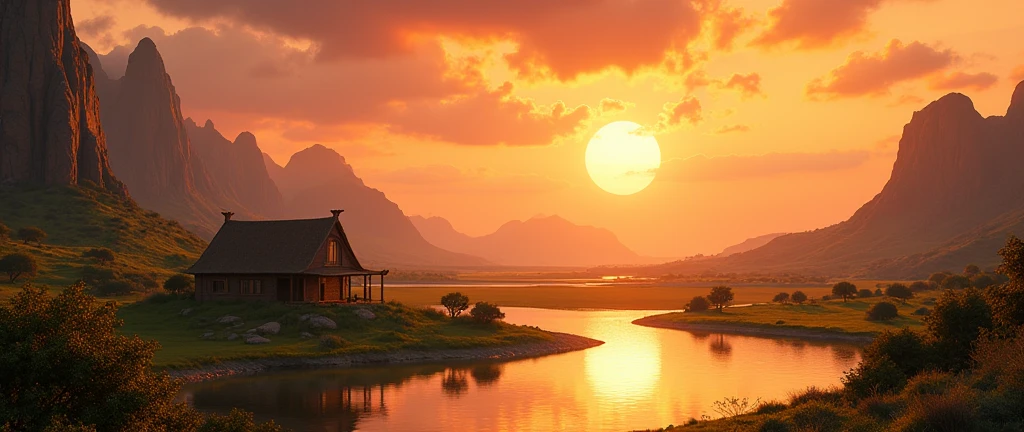 A stunning landscape of the African wilderness, a beautiful sunrise over a tranquil lake, a very small African hut on one side of the scene, dramatic cinematic lighting, majestic rock formations, no animals or evil, stunning view, extreme detail, (best quality, 4k, 8k, high definition, masterpiece: 1.2), extreme detail, (realistic, realistic, photorealistic: 1.37), dramatic lighting, cinematic composition Pixar style close to the Lion King animation The land area is larger than the lake Trees and rocks Attention to precise theatrical perspective High quality on the scale of theatrical design Clear details Greek character dominates the place, D&D game. Cartoon style