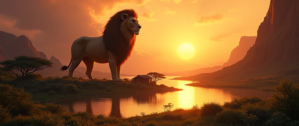 A stunning landscape of the African wilderness, a beautiful sunrise over a tranquil lake, a very small African hut on one side of the scene, dramatic cinematic lighting, majestic rock formations, no animals or evil, stunning view, extreme detail, (best quality, 4k, 8k, high definition, masterpiece: 1.2), extreme detail, (realistic, realistic, photorealistic: 1.37), dramatic lighting, cinematic composition Pixar style close to the Lion King animation The land area is larger than the lake Trees and rocks Attention to precise theatrical perspective High quality on the scale of theatrical design Clear details Greek character dominates the place, D&D game. Cartoon style