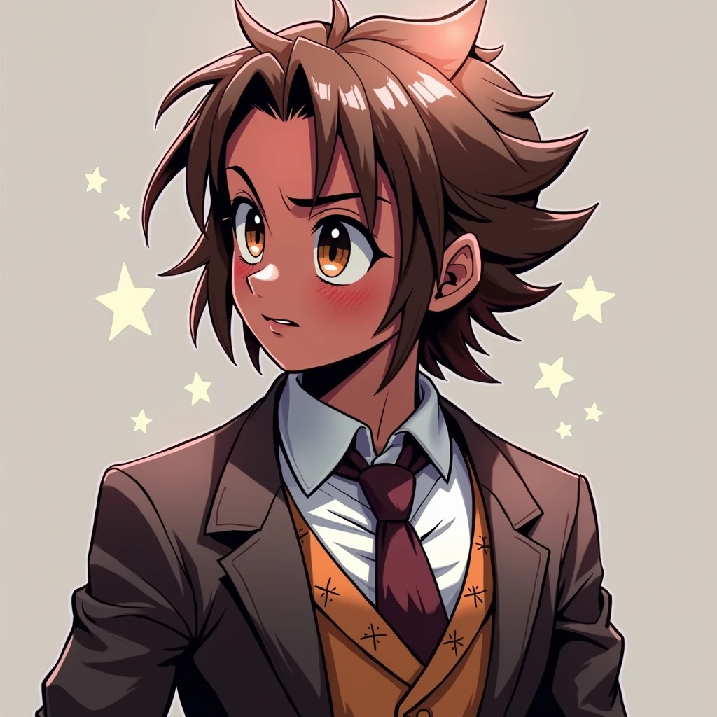 A young and fit anime character standing. He is wearing a stylish jacket on his upper body, paired with jeans on his legs, and casual shoes. The character has a sharp and energetic look, short tousled hair, and intense eyes. The background is a simple urban setting with soft lighting, highlighting his cool and dynamic personality
