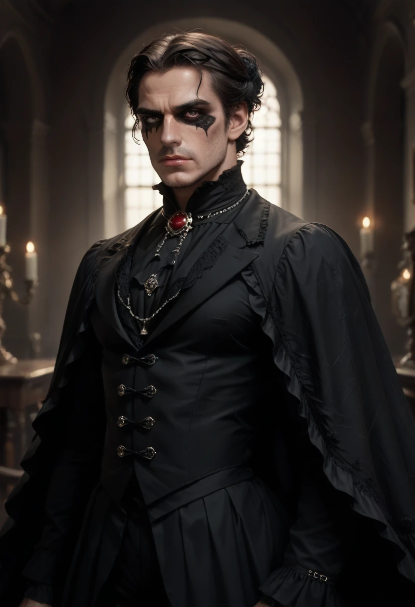 A gothic black man, , , with a dread hair, , , villain, , , black clothes with purple detail, , , the clothes follow a Victorian style.