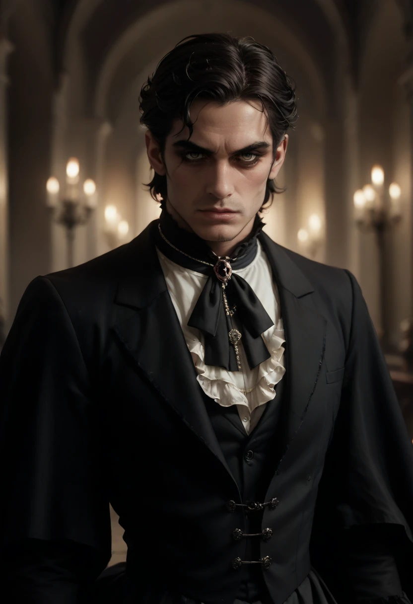 A gothic black man, , , with a dread hair, , , villain, , , black clothes with purple detail, , , the clothes follow a Victorian style.