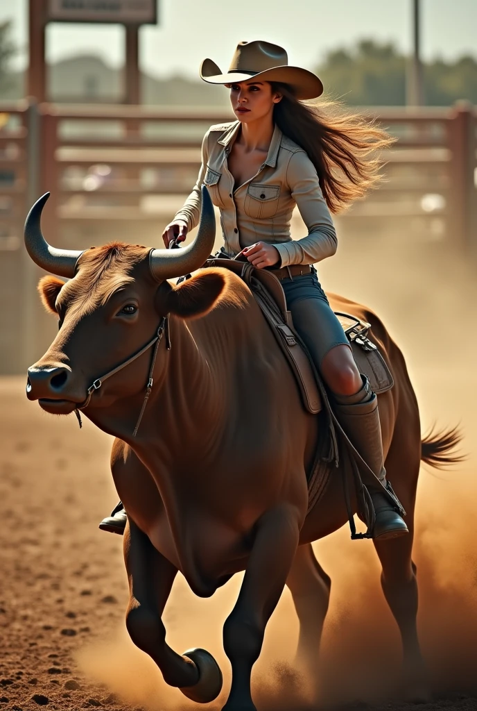 (photorealism:1.2), beautiful woman, bull riding