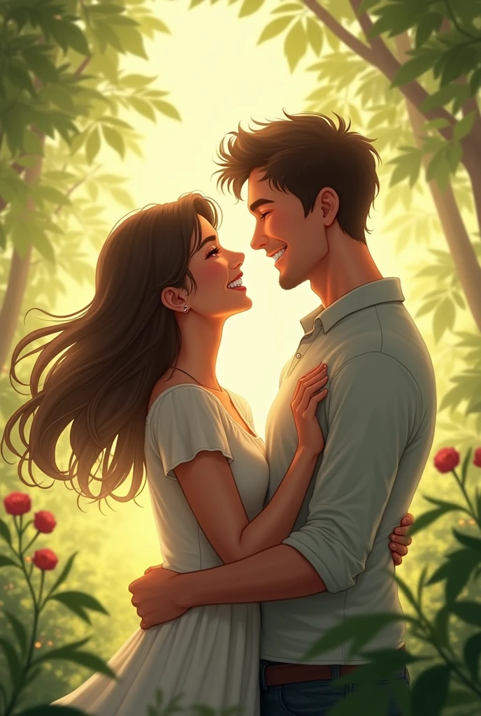 Make a picture of a happy couple with the girl shoulder length.