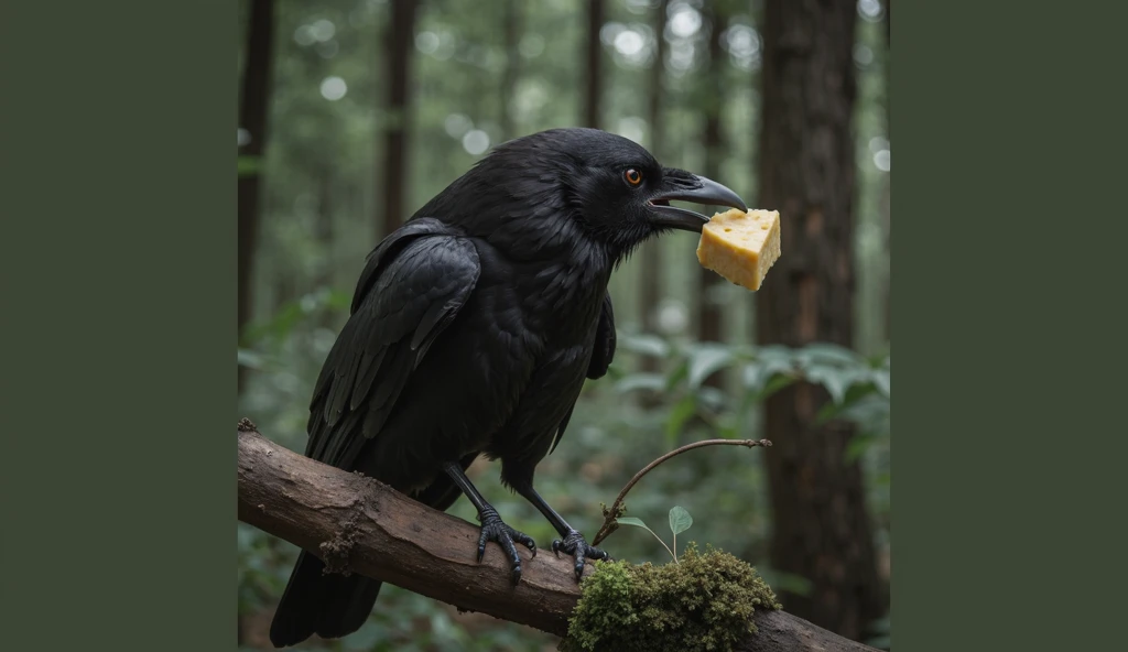 A crow on flying that sees a small piece of cheese on a dining table in a green house and sees it