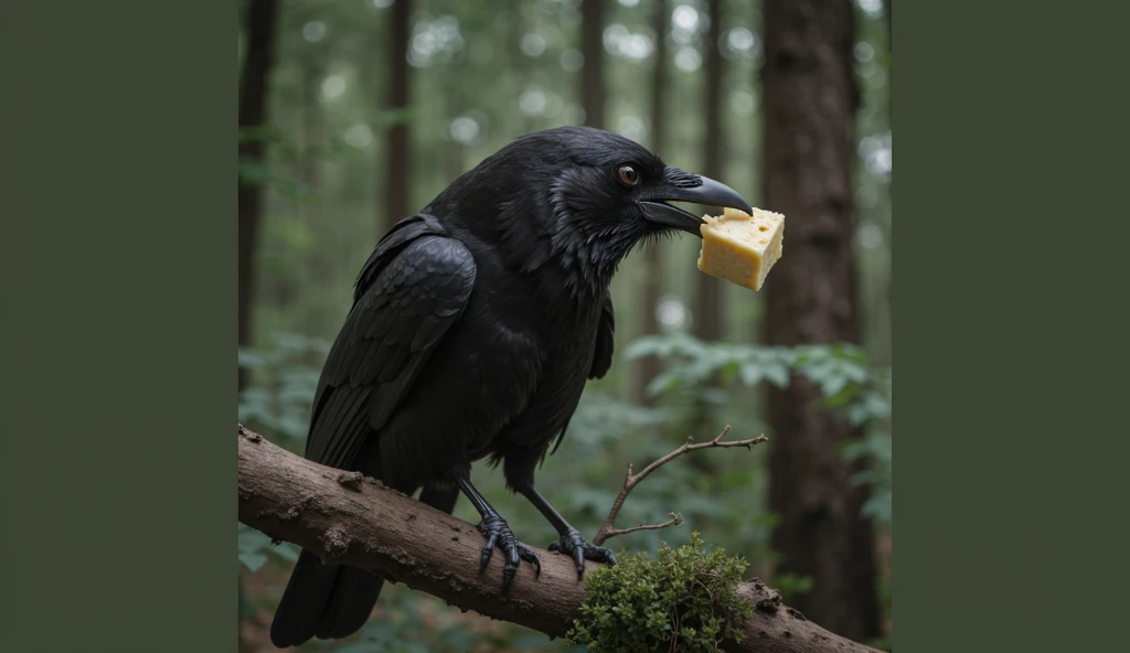 A crow on flying that sees a small piece of cheese on a dining table in a green house and sees it