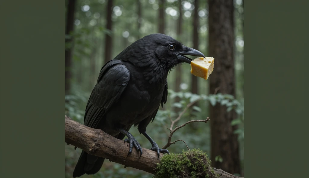 A crow on flying that sees a small piece of cheese on a dining table in a green house and sees it