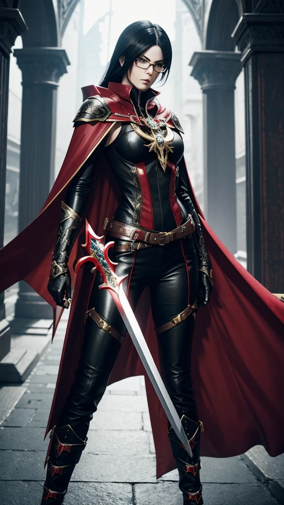 Bayonetta from Bayonetta 3 in Nordic armor with red cape with black-bladed swords in hands