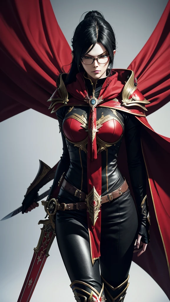 Bayonetta from Bayonetta 3 in Nordic armor with red cape with black-bladed swords in hands