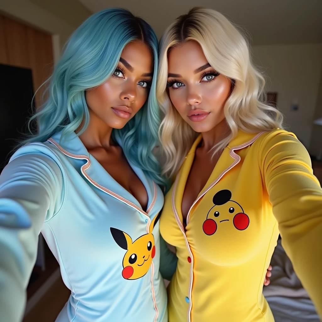 1 beautiful biracial latina woman light blue hair, light blue eyes with big large breasts wear eevee pokemon brown pajama next to 1 beautiful white woman blond hair large breasts wear pikachu pokemon yellow pajama, selfie pov