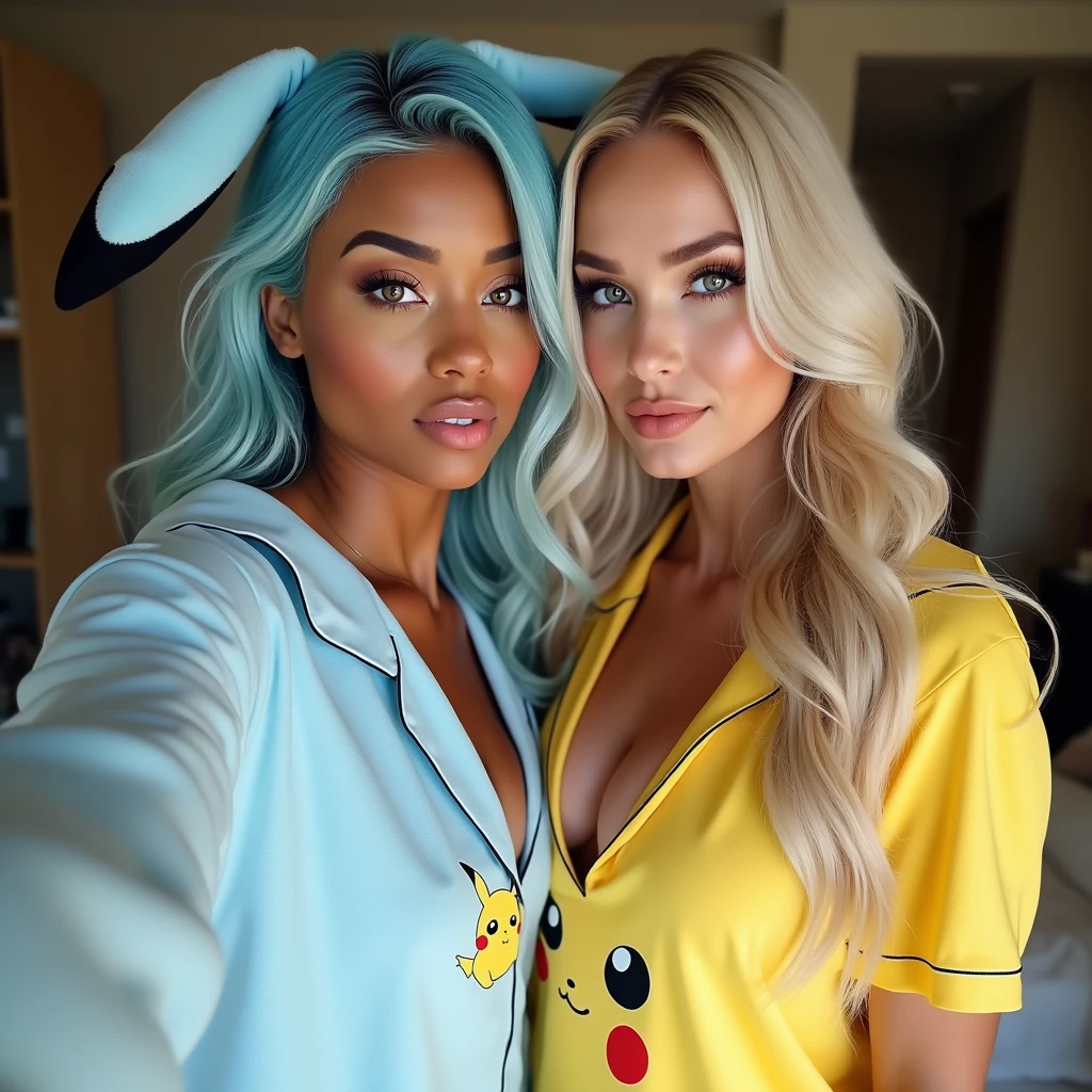 1 beautiful biracial latina woman light blue hair, light blue eyes with big large breasts wear eevee pokemon brown pajama next to 1 beautiful white woman blond hair large breasts wear pikachu pokemon yellow pajama, selfie pov