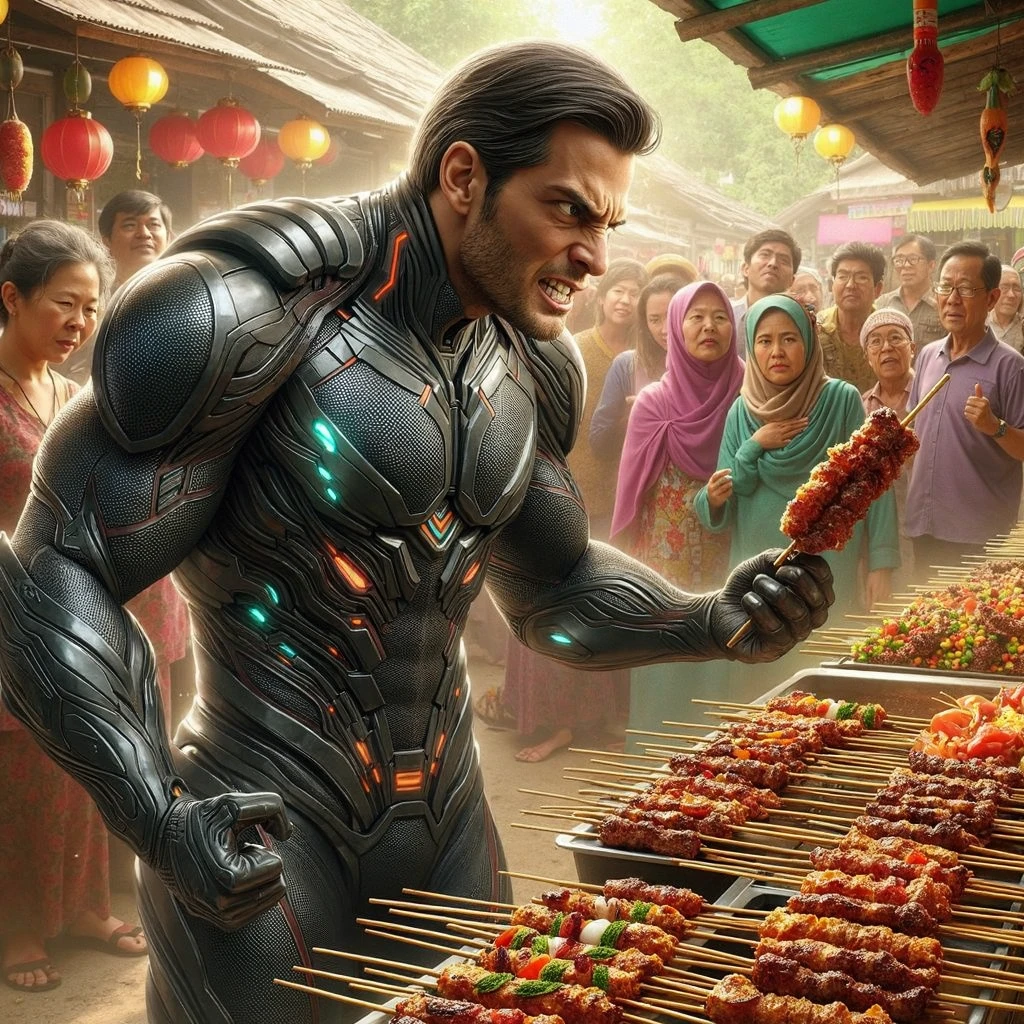 An athletic, fierce, vicious, and cunning General Zod in Krypton military combat suit ordering a very large portion of Indonesian lamb satay with spicy soy sauce and pepper, getting lost in a bustling Indonesian street food market, with a crowd of curious onlookers and colorful food stalls in the background. The image should have photorealistic details, intricate design, vibrant colors, and be in the style of Don Lawrence, with General Zod's expression being intense and focused.