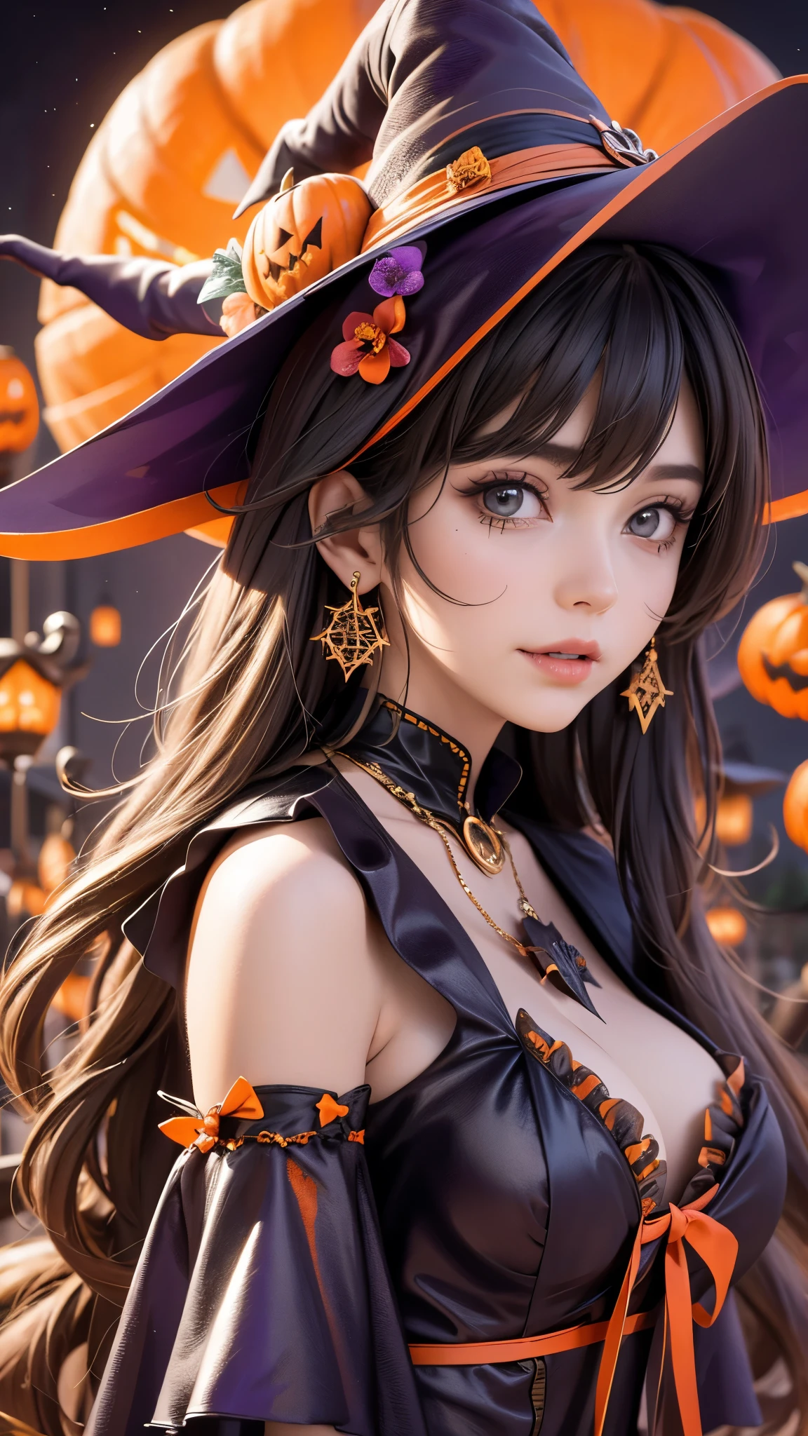 ((Highest quality)),(Ultra-high resolution),(Super detailed),(Detailed Description),((The best CG)),(masterpiece),Highly detailed art,(Art with precise detail:1.5), (Halloween:1.5),Pumpkin Lantern:1.4,(Witch Cosplay:1.8),smile:1.2,