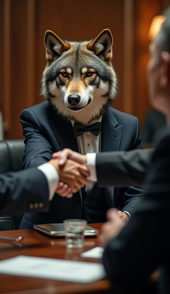 A wolf in a suit and bowtie、Shaking hands with executives at a summit, Realistic, detailed, Vintage, office lighting