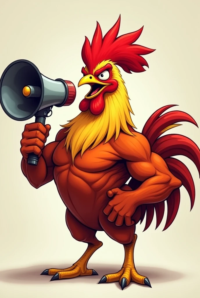 Realistic cartoon fighting cock holding a megaphone and shouting out loud