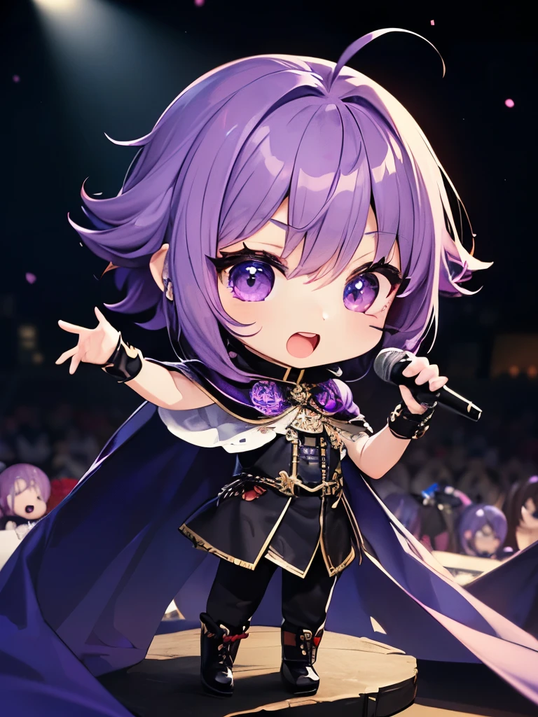 (((Metal band vocalist)))、Handsome Chibi Characters、(((Purple-haired boy chibi character singing intense music)))、(((A vocalist with visual kei makeup)))、A beautiful depiction using tens of thousands of colors、masterpiece、Ultra HD、super high quality、8k、Black leather pants、A cape with a delicate design、(((Singing with a delicate microphone)))、(((Don't draw guitars)))、Delicate cape design、Intricate costume design、(((Visual kei reversed hair)))、Black Background