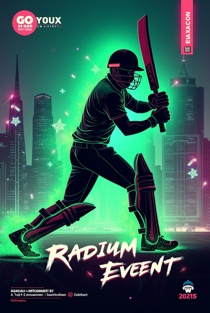 generate a radium cricket event poster image having date time and qr code for registration in english language.