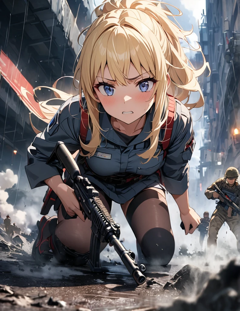 (anime)、(masterpiece:1.2),Atmospheric perspective,Lens flare、Fog of Battlefield、Crash, Makes the world look grey、When it rains, The female soldier is crouching.。With an irritated look on his face, he vows revenge..。Rain-soaked hair、blonde、blue eyes、Space Battleship Yamato、Traces of fierce fighting are everywhere、Smoke rising from everywhere、A work of blurry color M4 Carbine，Possession of a gun