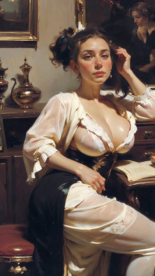A painting of an aristocratic man sitting at his desk and talking to the A provocative and sensual portrait of a nude woman in a desperate, submissive pose. [Character Description] A 40 year old caucasian woman with an alluring figure, (((massive breasts)))+++, long wavy, kinky jet black ponytail hair, black stockings, is on all fours in a vulnerable, desperate expression. He is showing her something on the table with one finger. She sits near him, holding her hands behind her head. A romantic scene in the Rococo style, in the style of Jean-Baptiste Béraud, oil painting, fine art, in the Baroque style