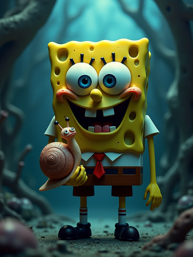a surreal dark fantasy portrait of SpongeBob SquarePants standing while holding onto Gary his pet snail, extremely detailed eyes and face, dramatic gothic fantasy art, hyper-psychedelic blending elements of fantasy and horror, grim and eerie creepy picture, dark surreal art, (best quality,4k,8k,highres,masterpiece:1.2),ultra-detailed,(realistic,photorealistic,photo-realistic:1.37),dramatic artwork,vivid colors,studio lighting,bokeh