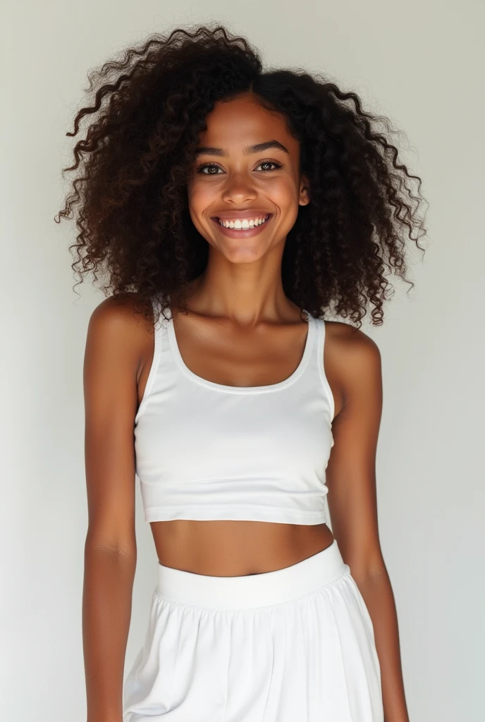 beautiful brazillian lightskinned smiling teen with curly hair and hourglass body wearing a white tennis skirt and white top with really thick fake eyelash