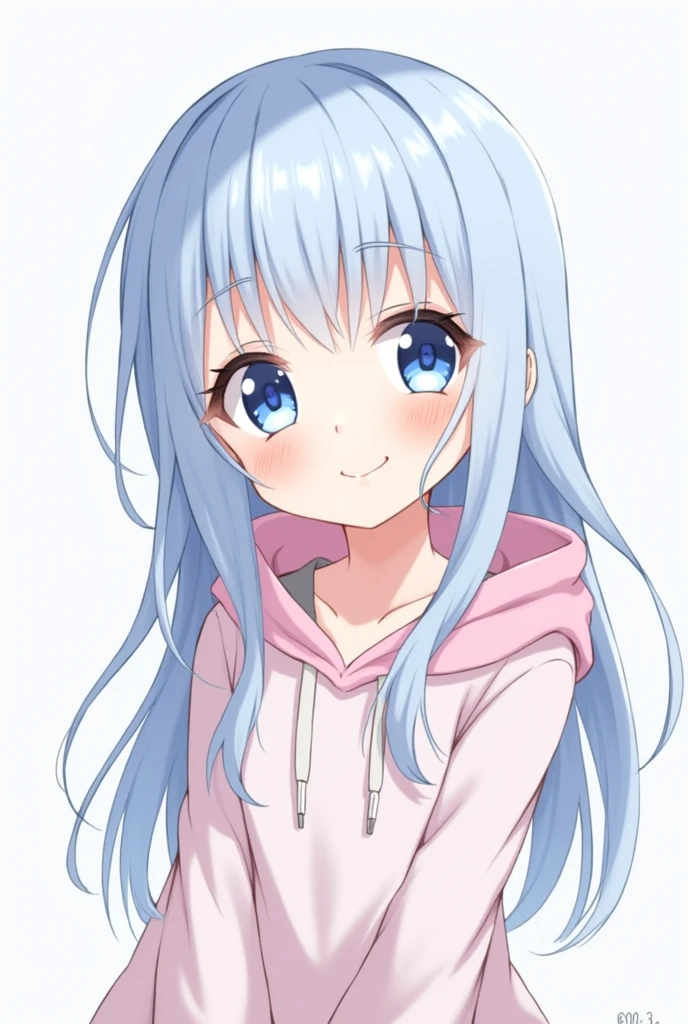 Blue eye anime girl looking straight to me cute girl with light blue hair and smiling face , hair long and straight head. hoodie dress keep hair light pink and blue