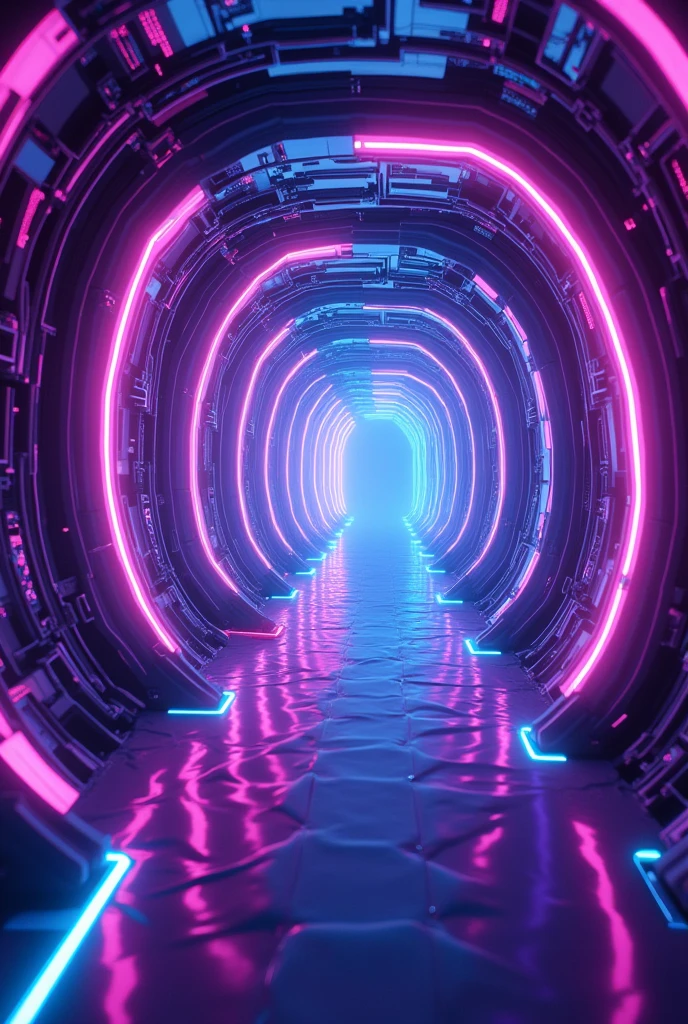 Generative AI illustration of abstract background of futuristic corridor with purple and blue neon lights