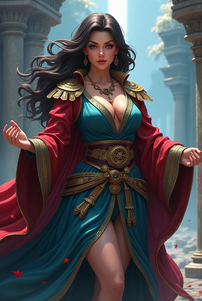 Big Breasts、Full Body、Standing、((Girl、middle ages、Wizard Costume、muscle))、Brown hair, Black hair、3d anime woman