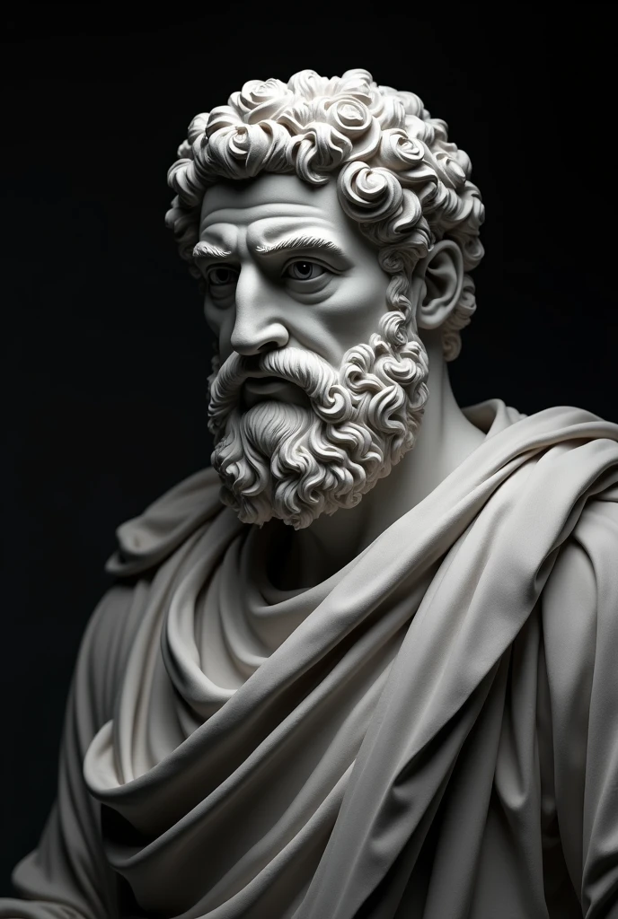 A detailed, monochromatic sculpture of Marcus Aurelius centered against a dark background, illuminated by soft, diffused lighting highlighting the textures and stoic expression." Hyper-realistic " " image size 16:9 "
