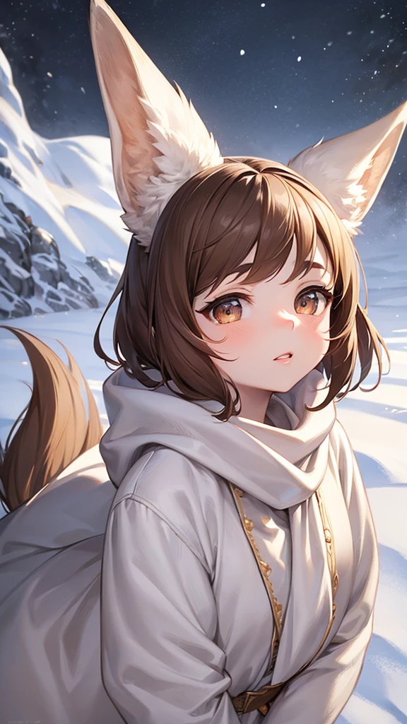 A young girl with cinnamon skin, white eyes, short messy brown hair, white wolf ears, wearing white detailed winter clothes, cold, strong, friendly, somewhat chubby, 1 girl, detailed face, beautiful detailed eyes, beautiful detailed lips, extremely detailed eyes and face, long eyelashes, soft lighting, photorealistic, 8k, hyperrealistic, masterpiece, vibrant colors, natural lighting, warm color palette, soft focus, highly detailed, snow background, winter background