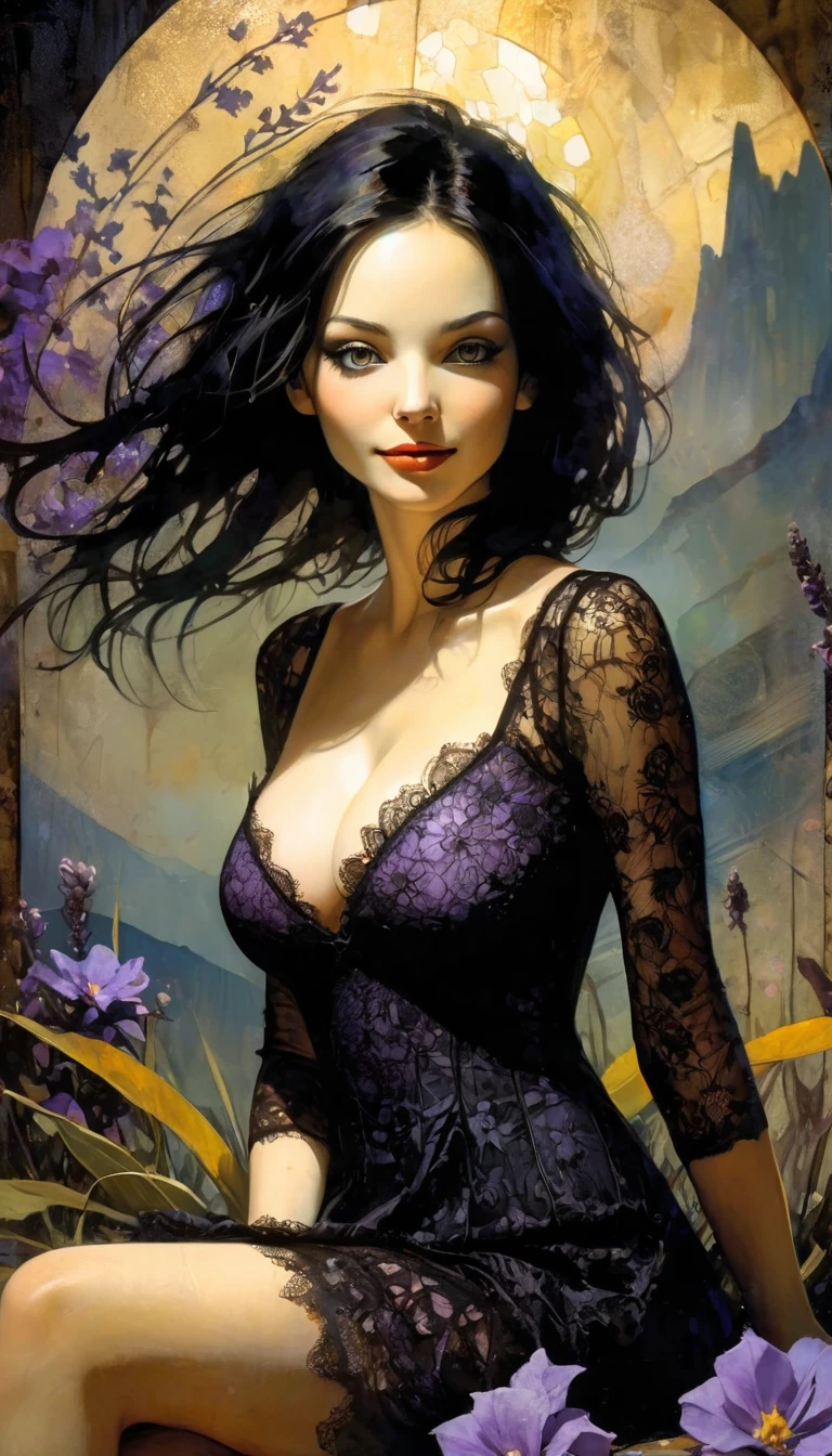1 sexy girl, long black hair, lavender, short black dress, cleavage, medium breasts, lace dress, smile, flower garden, full body, sitting, mountains in the distance, light particles, (depth of field, cinematic angle, cinematic lighting: 1.2), blurred background, blurred foreground, (masterpiece: 1.2), (best quality: 1.2), (very aesthetic: 1.2), (absurd: 1.2), (detailed background), newest, intricate details, (best quality, 4k, 8k, high resolution, masterpiece: 1.2), ultra detailed, (realistic, photorealistic, photorealistic: 1.37), intricate details, vivid colors, sharp focus, professional, Dave McKean's artwork, surreal oil touch, oil painting style, portrait, woman, beautiful detailed eyes, beautiful detailed lips, dreamy atmosphere, shadow play, soft lighting, funny pose, tones Dark, ethereal background, fantasy elements, texture, layered composition. Art inspired by Bill Sienkiewicz and Dave McKean