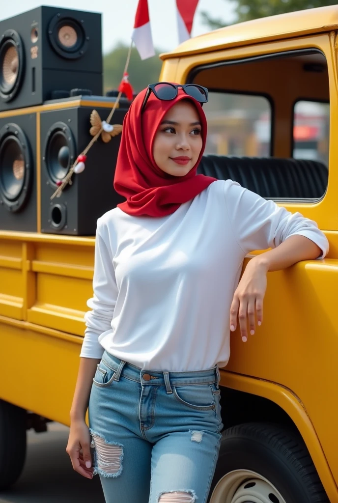 (masterpiece) (realistic moment) (Indonesian moment independence day) a beautiful Indonesian woman, wearing a long-sleeved white t-shirt, wore a red hijab, long jeans with ripped accents at the knees, red hijab, black sunglasses on her head, standing casually leaning against a sound system audio on a yellow truck audio had been arranged high on a yellow truck with various decorations for the Indonesian Augustan event. Between the sounds there is the writing "BREWOG AUDIO" which can be clearly read by the audience. photo taken during the day at the carnival area. Full sunlight, relaxe photo, photoshoot, Focus, realistic, 5D 8K