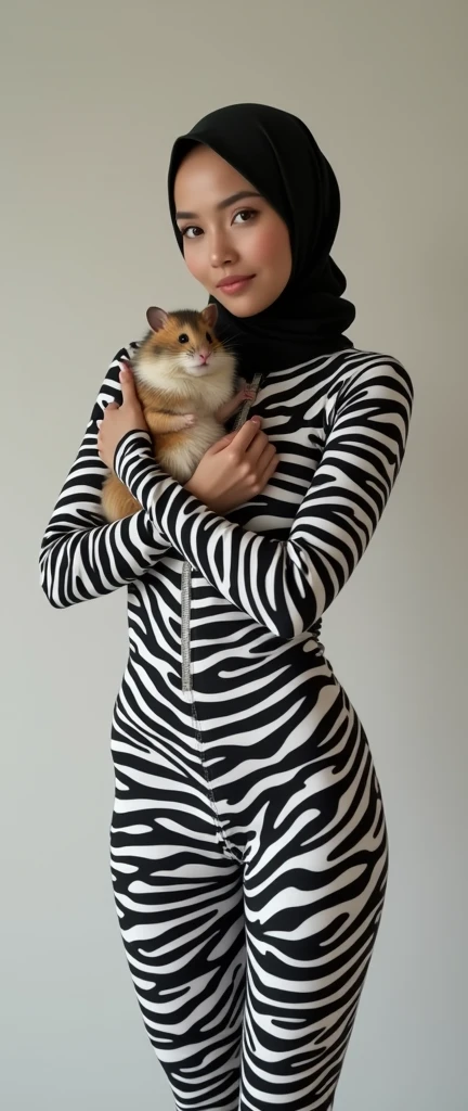 the beautiful,slender thin and clever Malaysian muslimah adult female girl with beautiful cheeks wears zebra print lycra turtleneck unitard catsuit covered with seamless stripes and always wear zebra print lycra elastane stretchy dancewear hijab covered with seamless stripes.She loves to hug a hamster.