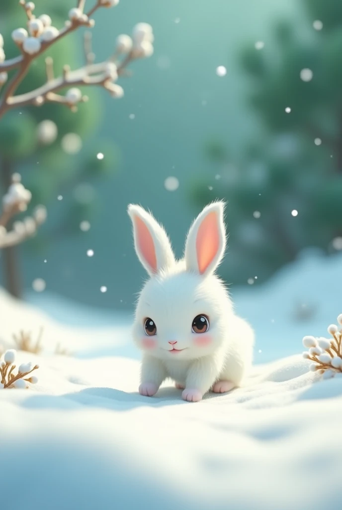 There is snow all around and the snow is falling and in the background there are some green trees and branches. A small rabbit which is white in colour and looks very innocent just like a whose hair is like feathers and is very cute. The rabbit is a small and cute hedgehog which makes him sit on his waist and moves forward while crawling. I need image 3d animation