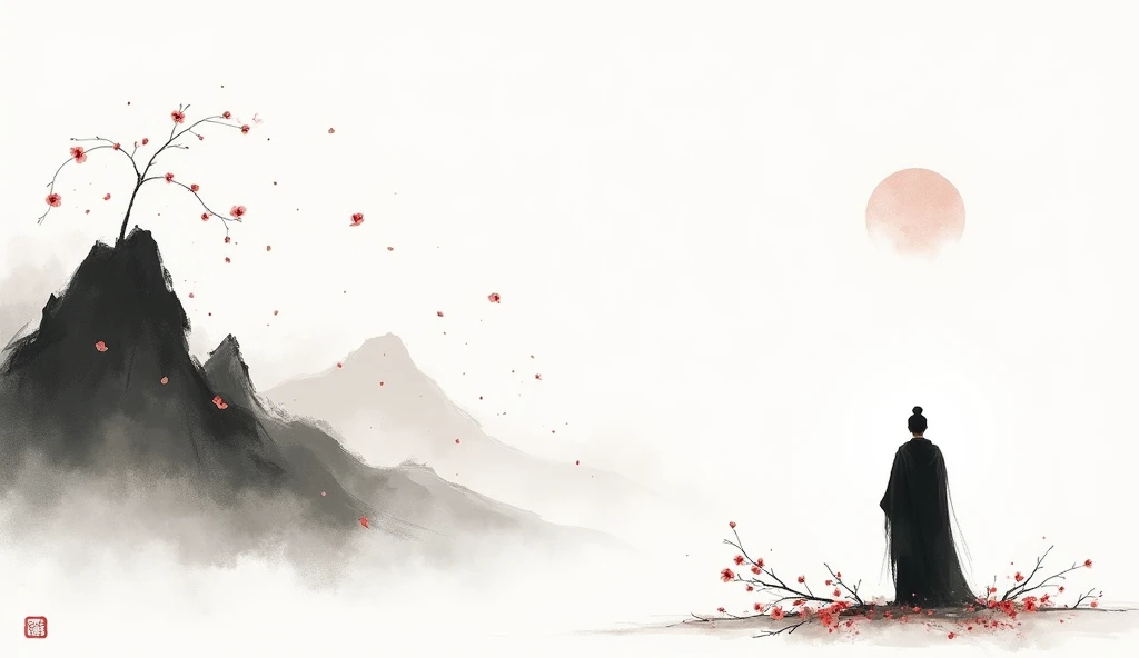 Lots of white space ，White background, simple, Minimalism, Abstract,Hand Painted，Aesthetic，black and white，Ink Painting，，a mountain，There are plum blossoms，Man looking into the distance，Monk，一幅Abstract的艺术插图, author：Xu Shuai, Arte no estilo de Gu Weiss, Shin Jin Hye, Obra-prima de Gu Weiss, Ross Figure 1. 0, Beautiful digital illustrations, Inspired by Non-WLOP, simple數位藝術, jingna zhang, Gu Weiss, Stunning digital illustrations