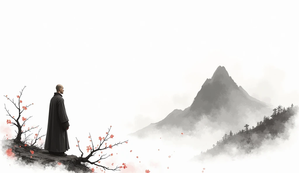 Lots of white space ，White background, simple, Minimalism, Abstract,Hand Painted，Aesthetic，black and white，Ink Painting，，a mountain，There are plum blossoms，Man looking into the distance，Monk，一幅Abstract的艺术插图, author：Xu Shuai, Arte no estilo de Gu Weiss, Shin Jin Hye, Obra-prima de Gu Weiss, Ross Figure 1. 0, Beautiful digital illustrations, Inspired by Non-WLOP, simple數位藝術, jingna zhang, Gu Weiss, Stunning digital illustrations