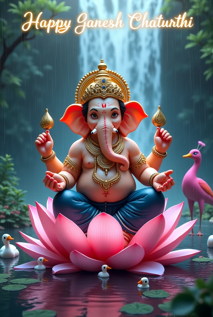 A ganesh which should look realistic.his dhoti should with dark blue with shade of white.
And ganesh should wear lots of gold.
He should sit on a Lotus with background waterfall and on land there should be pinkcock with heavy rain
And (on top write happy Ganesh chaturthi).
Big lotus and In middle of the water.and ducks in water.neon effect