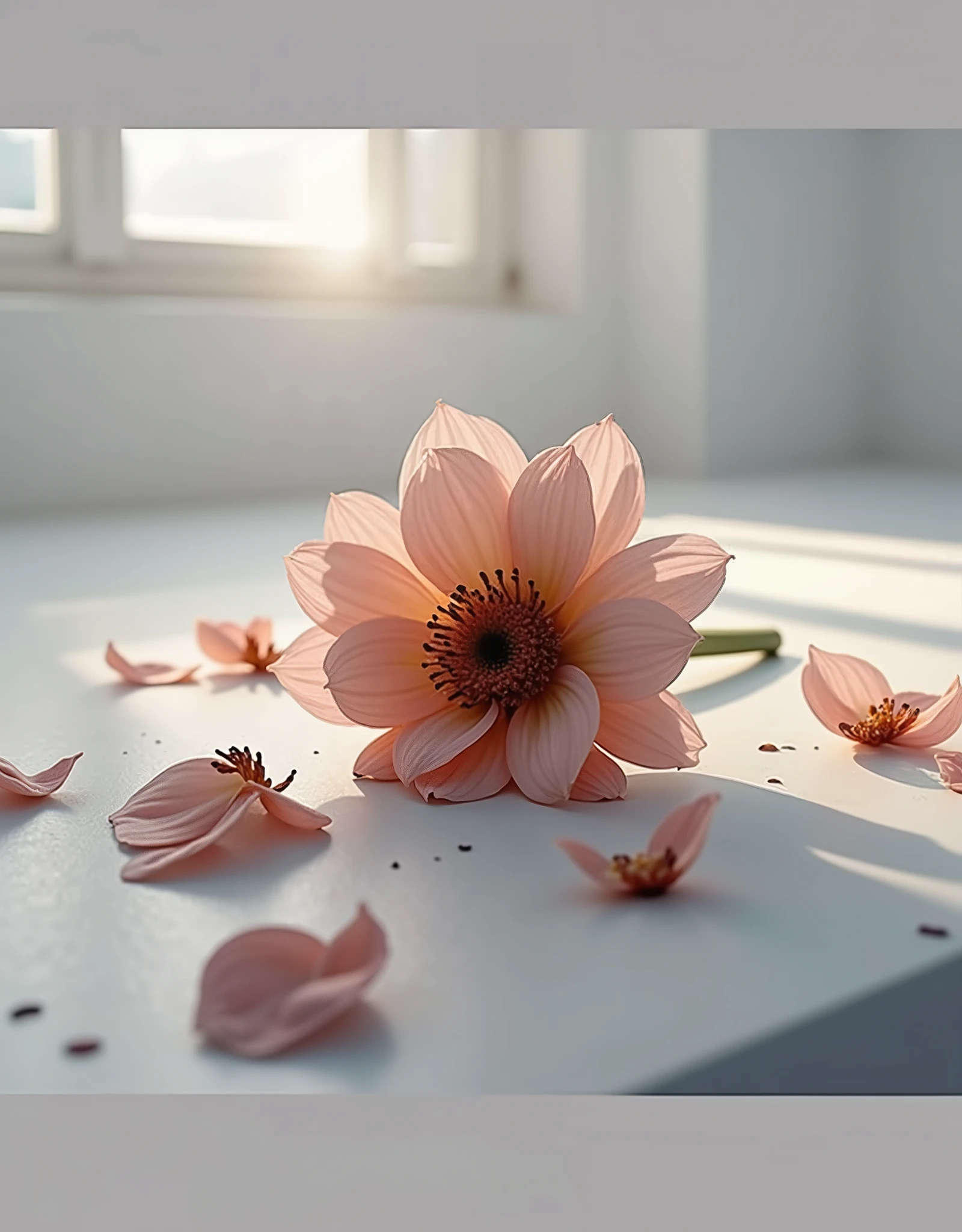 A flower and its petals on the floor in a white room (tragic)