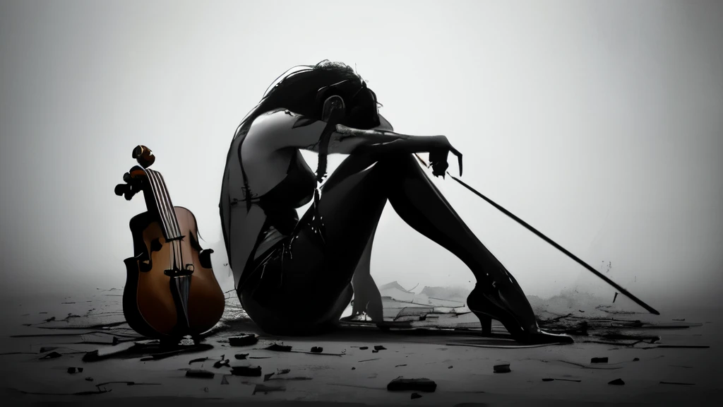  simple background, monochrome, horror (theme) there is a broken violin in the picture,