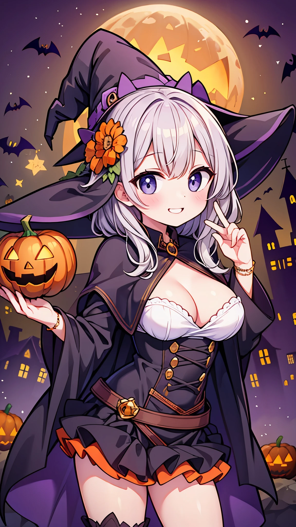 ((Highest quality)),(Ultra-high resolution),(Super detailed),(Detailed Description),((The best CG)),(masterpiece),Highly detailed art,(Art with precise detail:1.5), (Halloween:1.5),Pumpkin Lantern:1.4,(Witch Cosplay:1.8),smile:1.2,